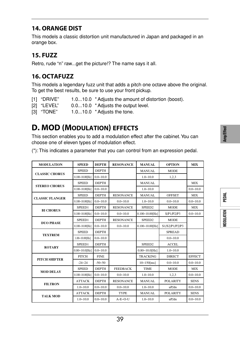D. mod (modulation) effects, Er to p.39–.), D. mod (m | Odulation, Effects, Orange dist, Fuzz, Octafuzz | Vox Valvetronix ToneLab SE User Manual | Page 49 / 82