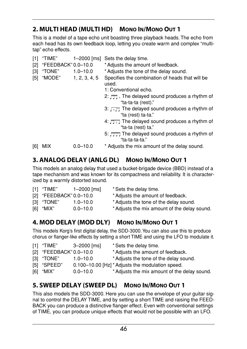 Multi head (multi hd) m, Analog delay (anlg dl) m, Mod delay (mod dly) m | Sweep delay (sweep dl) m | Vox Valvetronix ToneLab SE User Manual | Page 56 / 82