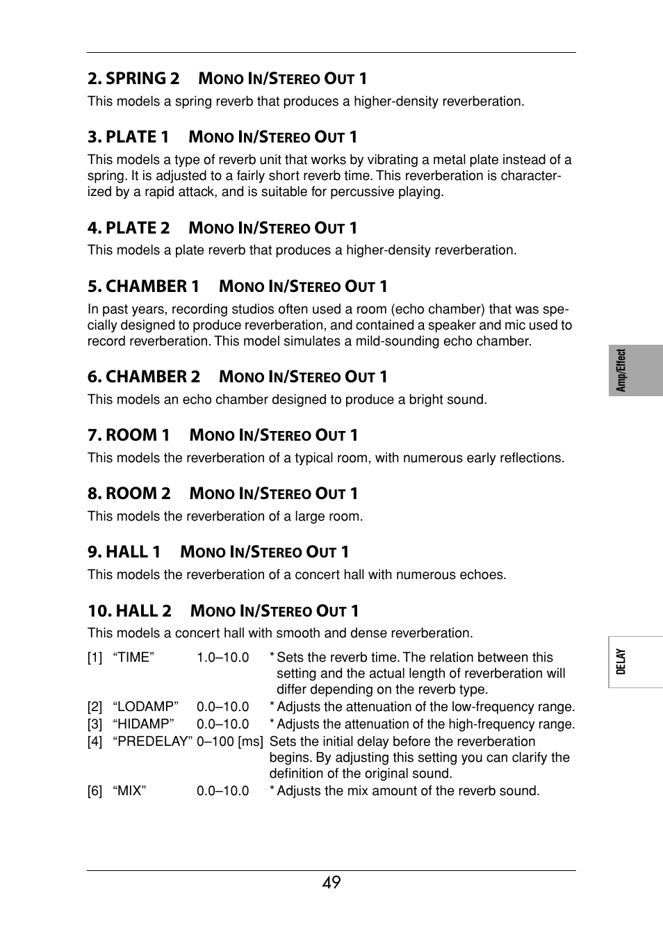 Spring 2 m, Plate 1 m, Plate 2 m | Chamber 1 m, Chamber 2 m, Room 1 m, Room 2 m, Hall 1 m, Hall 2 m | Vox Valvetronix ToneLab SE User Manual | Page 59 / 82