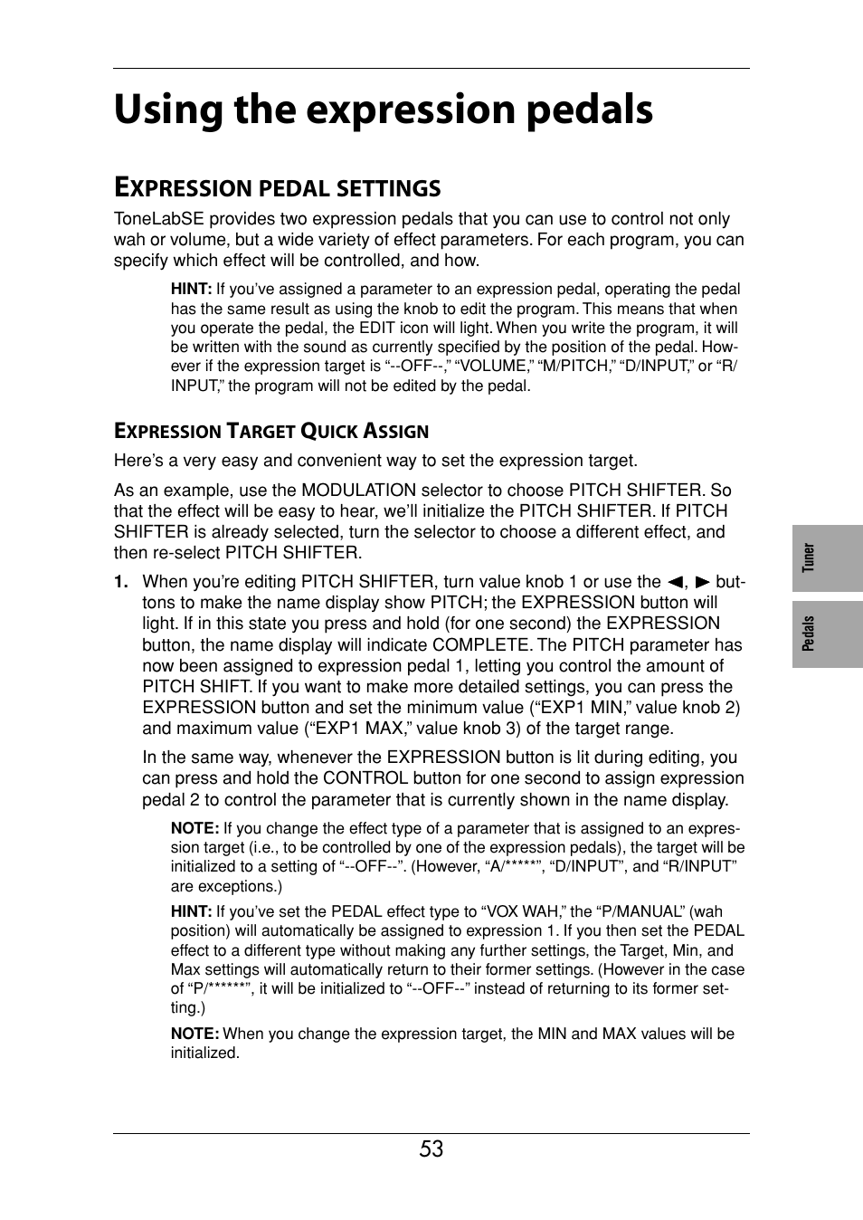 Using the expression pedals, Expression pedal settings, Expression target quick assign | Xpression, Pedal, Settings | Vox Valvetronix ToneLab SE User Manual | Page 63 / 82