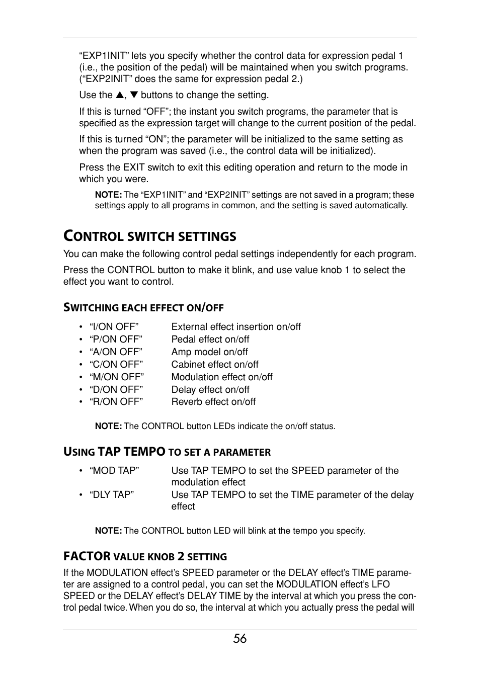 Control switch settings, Switching each effect on/off, Using tap tempo to set a parameter | Factor value knob 2 setting, Ontrol, Switch, Settings, Tap tempo, Factor | Vox Valvetronix ToneLab SE User Manual | Page 66 / 82