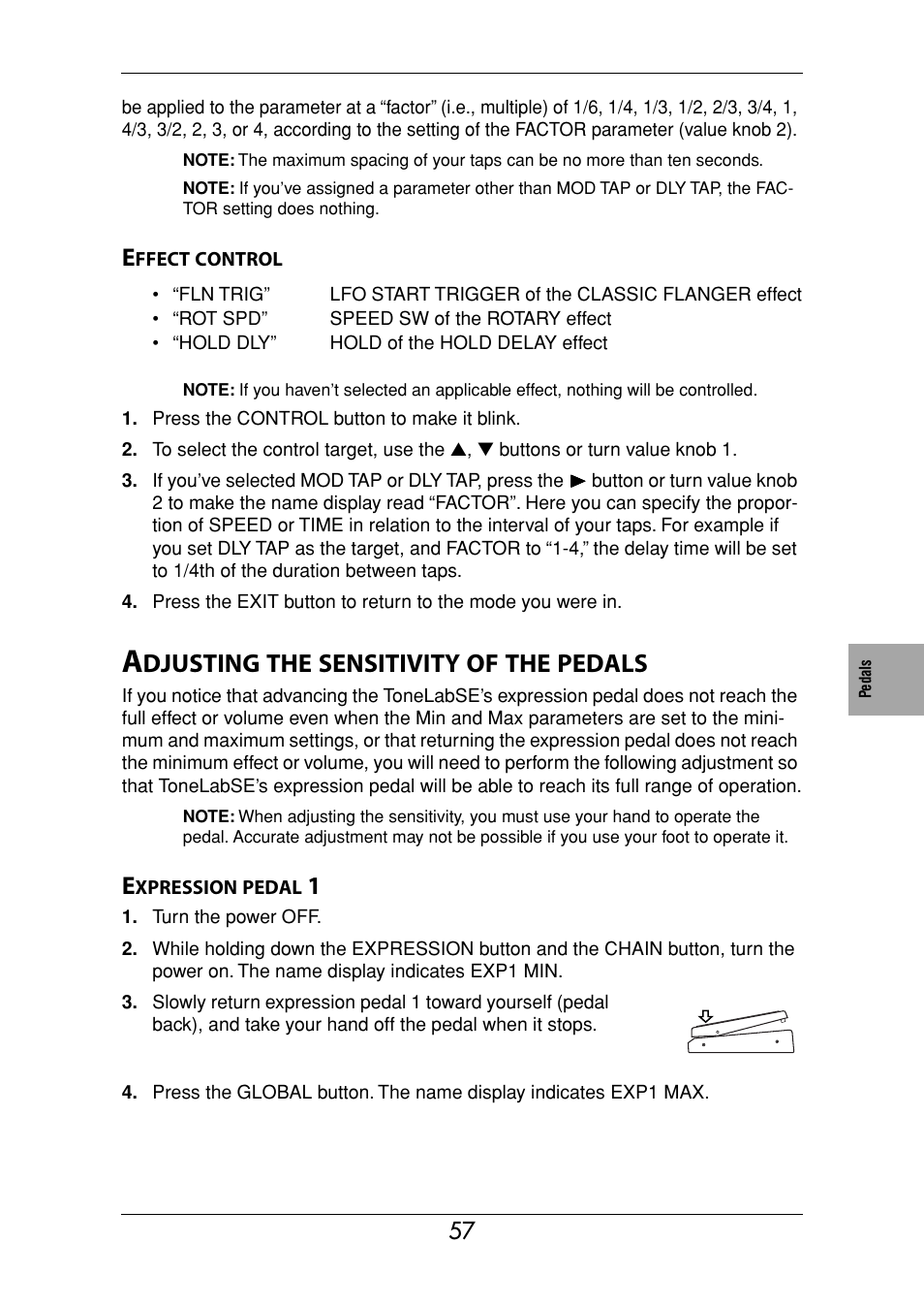 Effect control, Adjusting the sensitivity of the pedals, Expression pedal 1 | Djusting, Sensitivity, Pedals | Vox Valvetronix ToneLab SE User Manual | Page 67 / 82