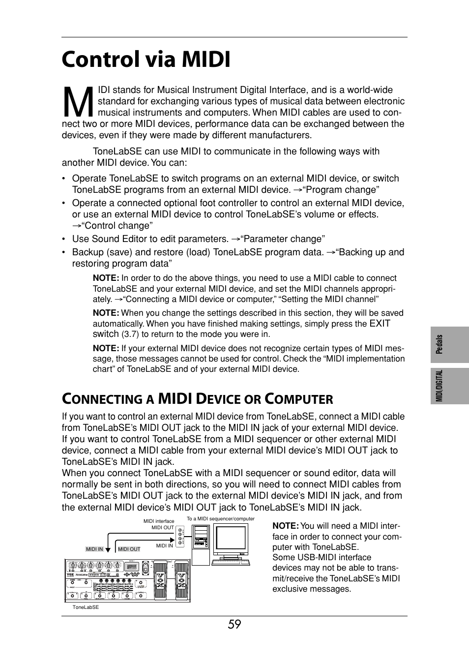 Control via midi, Connecting a midi device or computer, P.59) | Midi d, Onnecting, Evice, Omputer | Vox Valvetronix ToneLab SE User Manual | Page 69 / 82