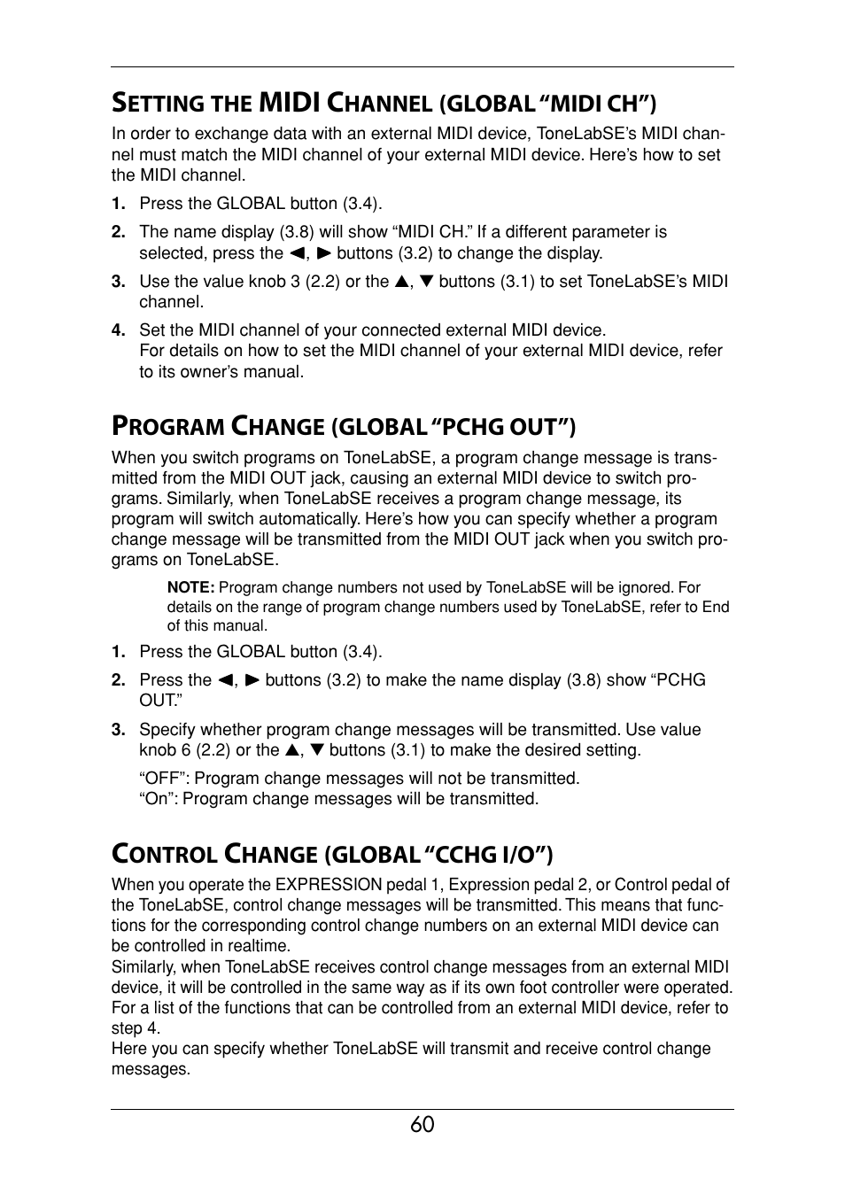 Setting the midi channel (global “midi ch”), Program change (global “pchg out”), Control change (global “cchg i/o”) | P.60), Midi c, Global “midi ch”), Global “pchg out”), Global “cchg i/o”) | Vox Valvetronix ToneLab SE User Manual | Page 70 / 82