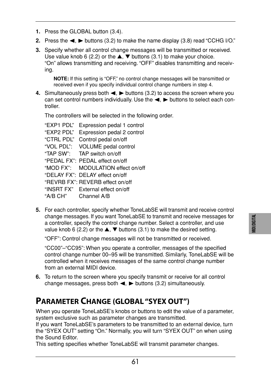 Parameter change (global “syex out”), P.61), Global “syex out”) | Arameter, Hange | Vox Valvetronix ToneLab SE User Manual | Page 71 / 82