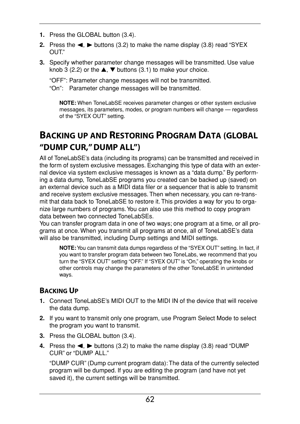 Backing up, P.62), Global “dump cur,” dump all”) | Acking, Estoring, Rogram | Vox Valvetronix ToneLab SE User Manual | Page 72 / 82