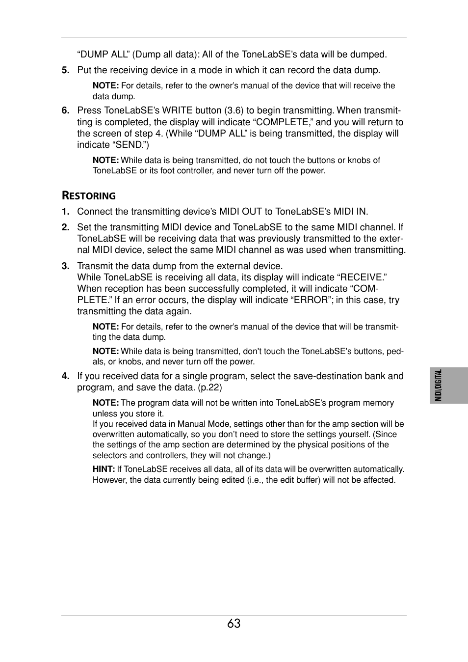 Restoring | Vox Valvetronix ToneLab SE User Manual | Page 73 / 82