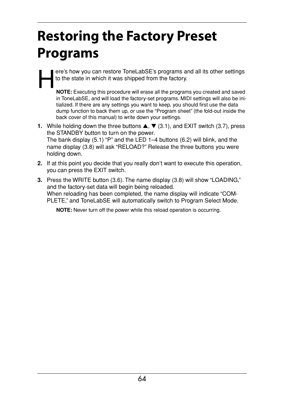 Restoring the factory preset programs | Vox Valvetronix ToneLab SE User Manual | Page 74 / 82