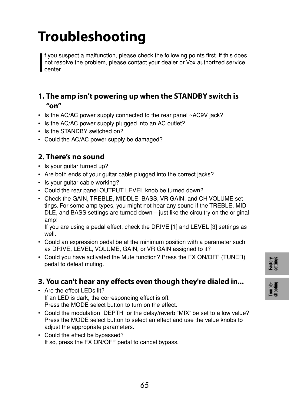 Troubleshooting | Vox Valvetronix ToneLab SE User Manual | Page 75 / 82