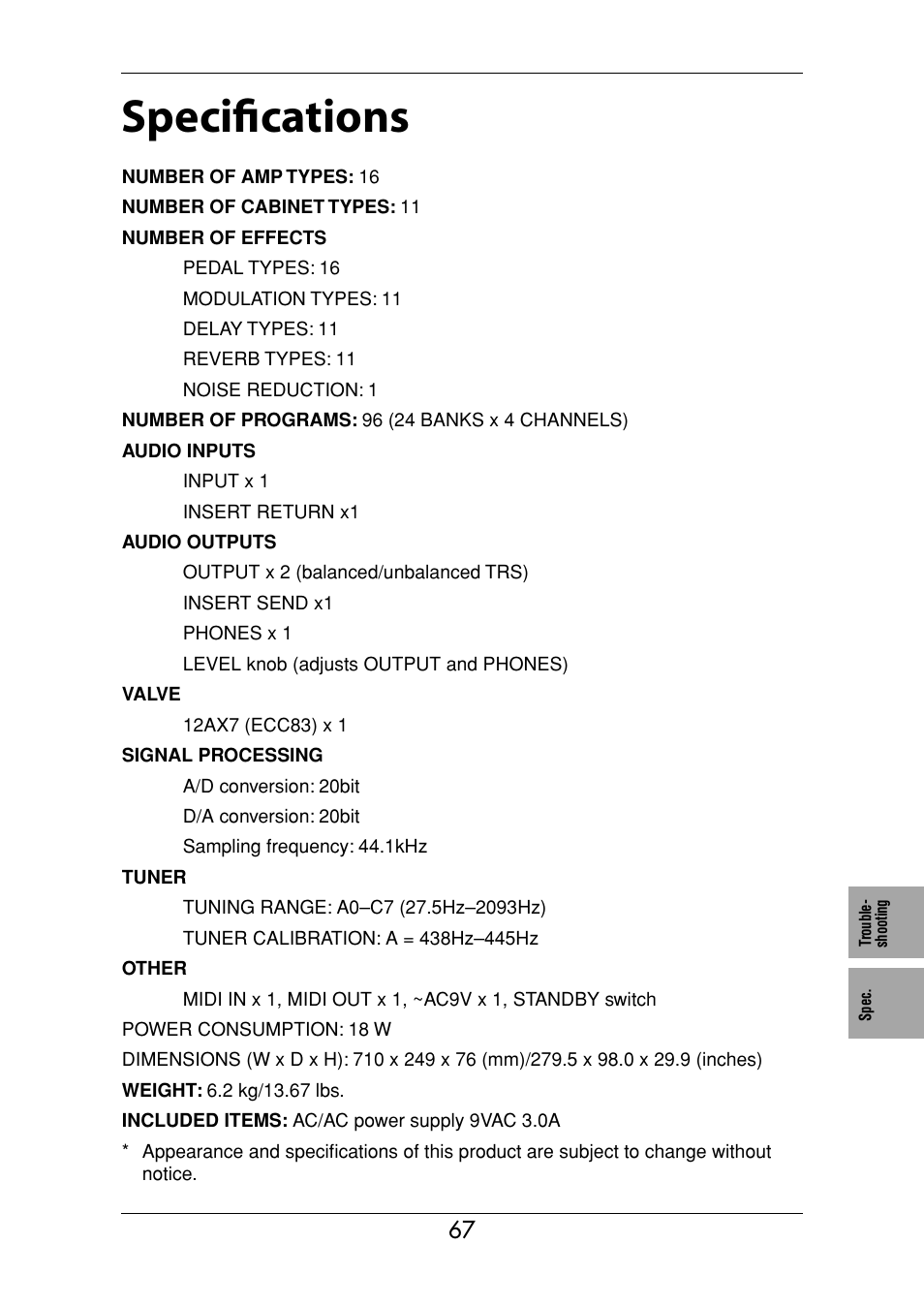 Specifications | Vox Valvetronix ToneLab SE User Manual | Page 77 / 82