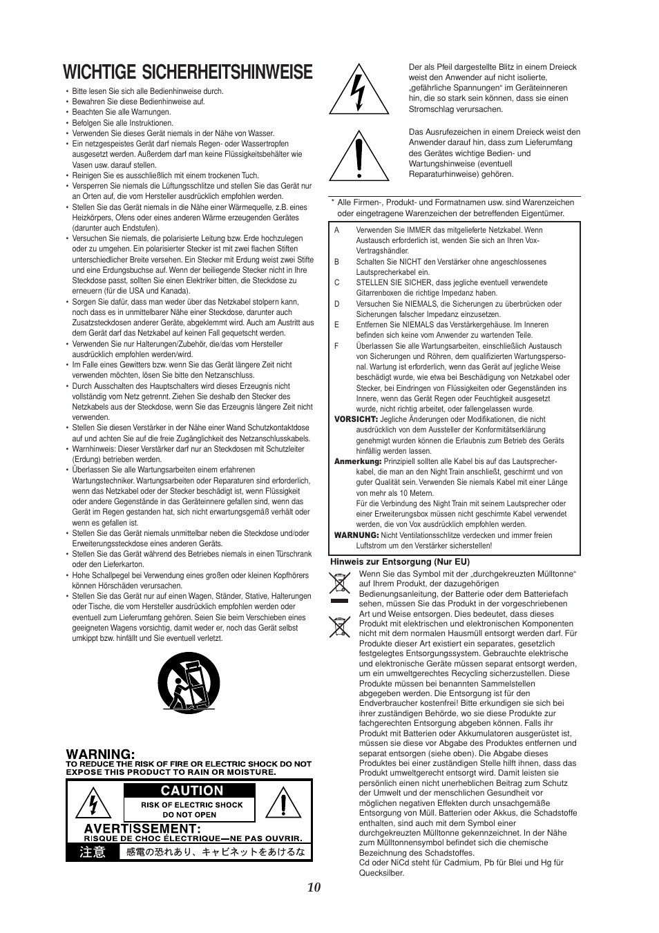 Deutsch, Wichtige sicherheitshinweise | Vox NIGHT TRAIN EFGSJ1 User Manual | Page 10 / 18