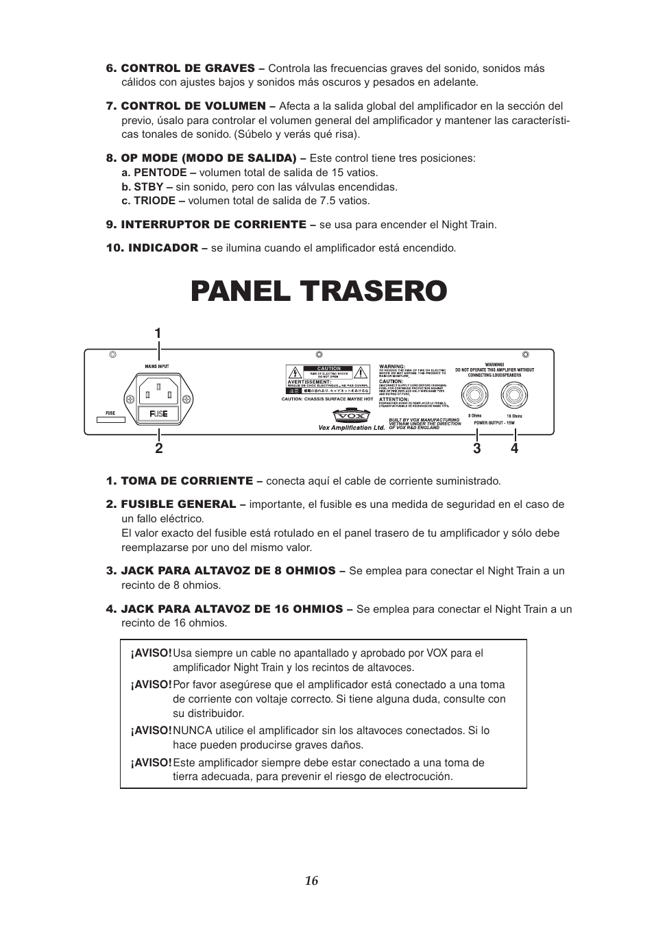 Panel trasero | Vox NIGHT TRAIN EFGSJ1 User Manual | Page 16 / 18