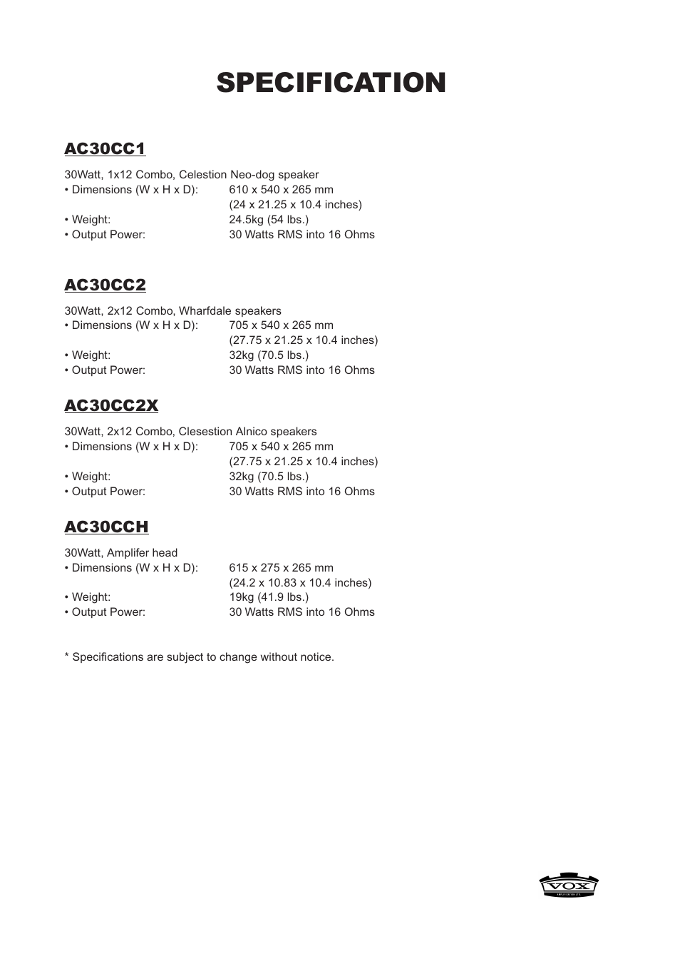 Specification, Ac30cc1, Ac30cc2 | Ac30cc2x, Ac30cch | Vox AC30CC2X User Manual | Page 10 / 41