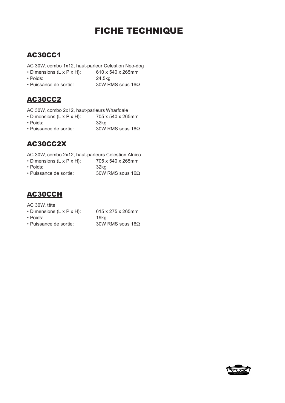 Fiche technique, Ac30cc1, Ac30cc2 | Ac30cc2x, Ac30cch | Vox AC30CC2X User Manual | Page 20 / 41