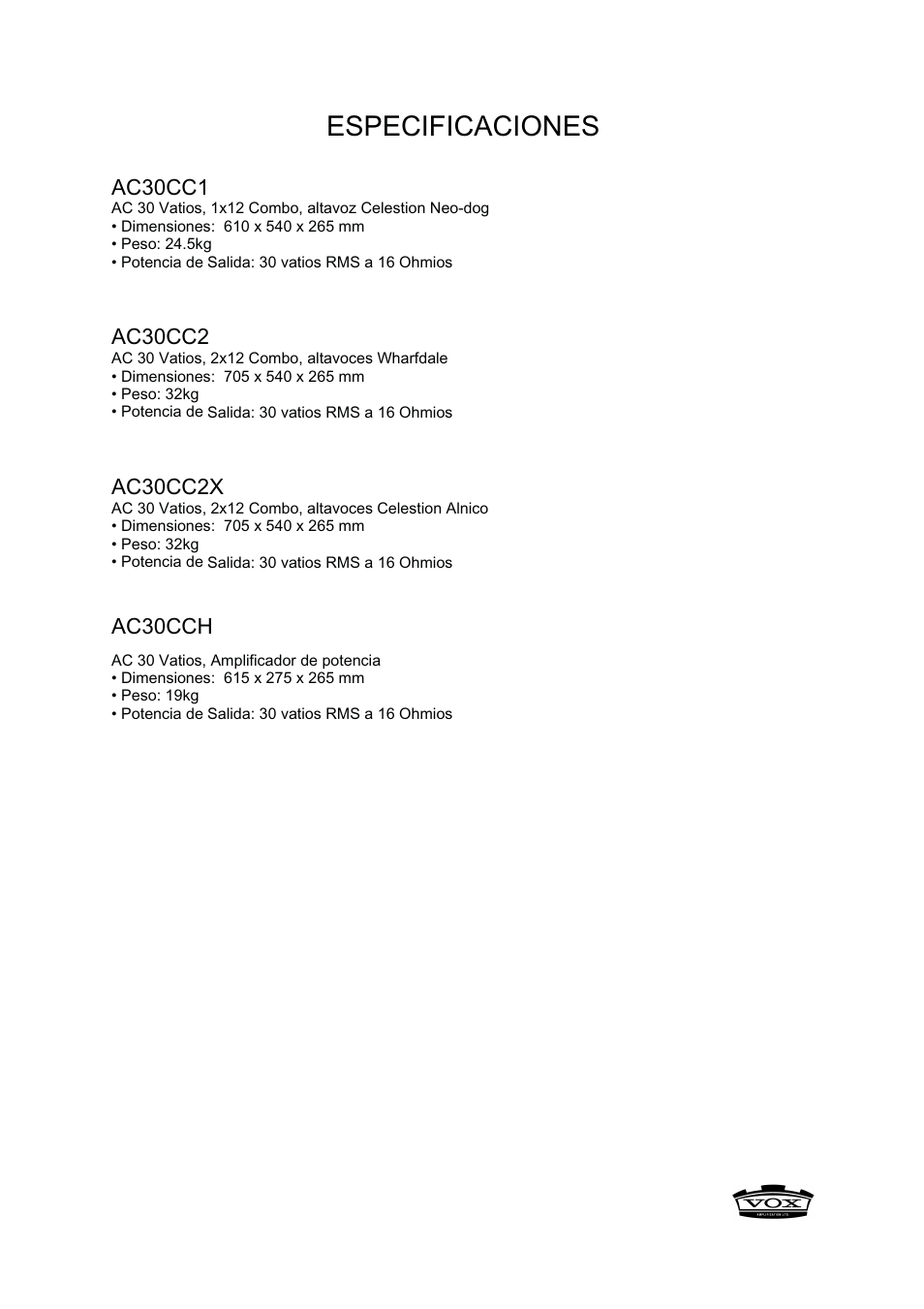 Especificaciones | Vox AC30CC2X User Manual | Page 40 / 41