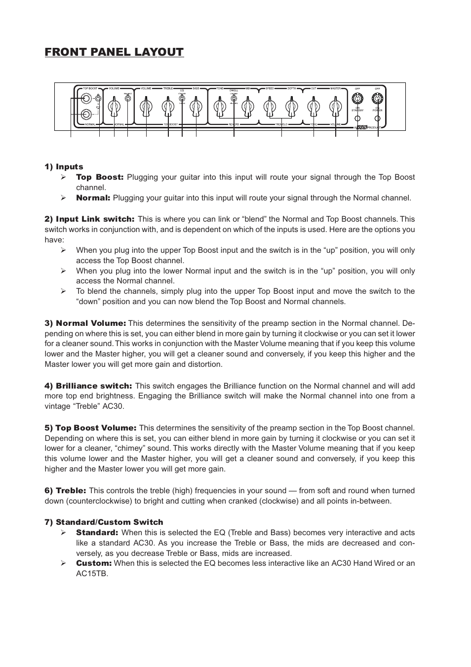 Front panel layout | Vox AC30CC2X User Manual | Page 6 / 41