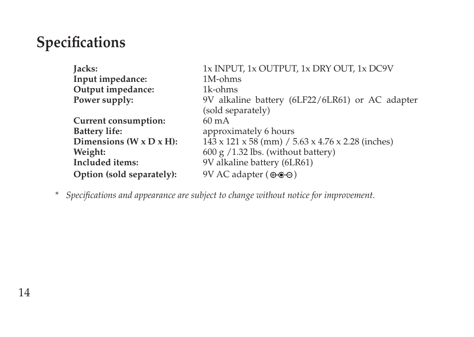 Specifications | Vox Pedal User Manual | Page 14 / 63