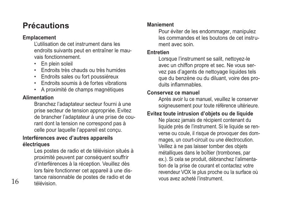 Français, Précautions | Vox Pedal User Manual | Page 16 / 63