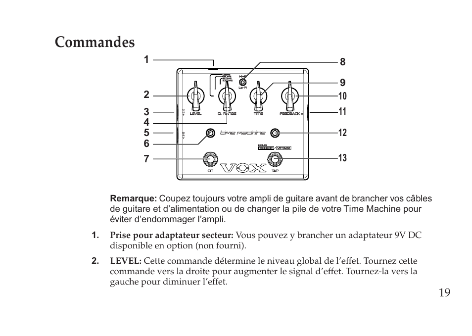 Commandes | Vox Pedal User Manual | Page 19 / 63