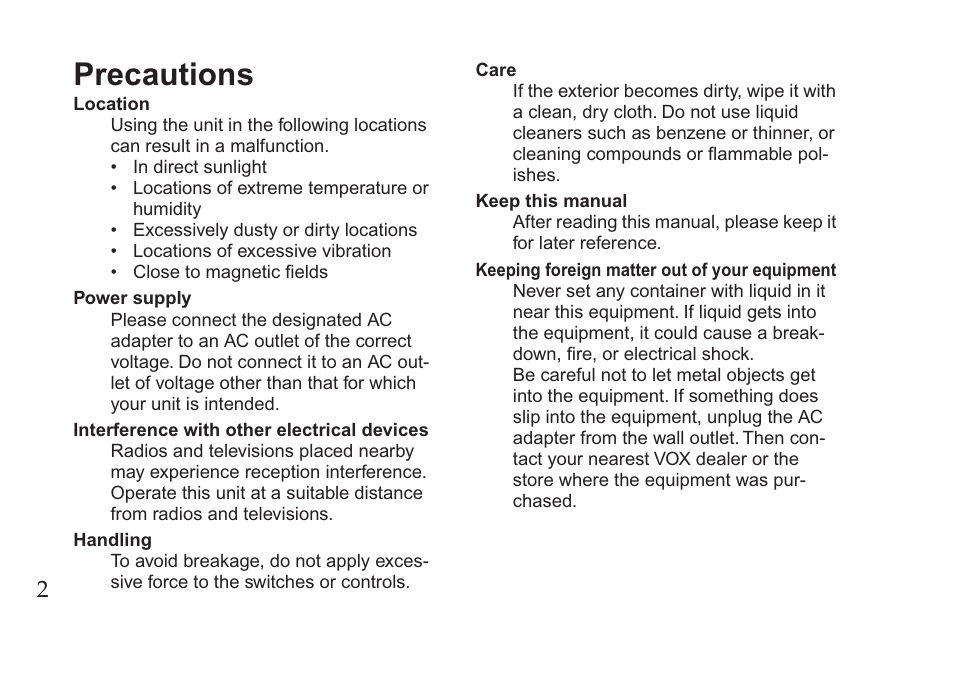 English, Precautions | Vox Pedal User Manual | Page 2 / 63