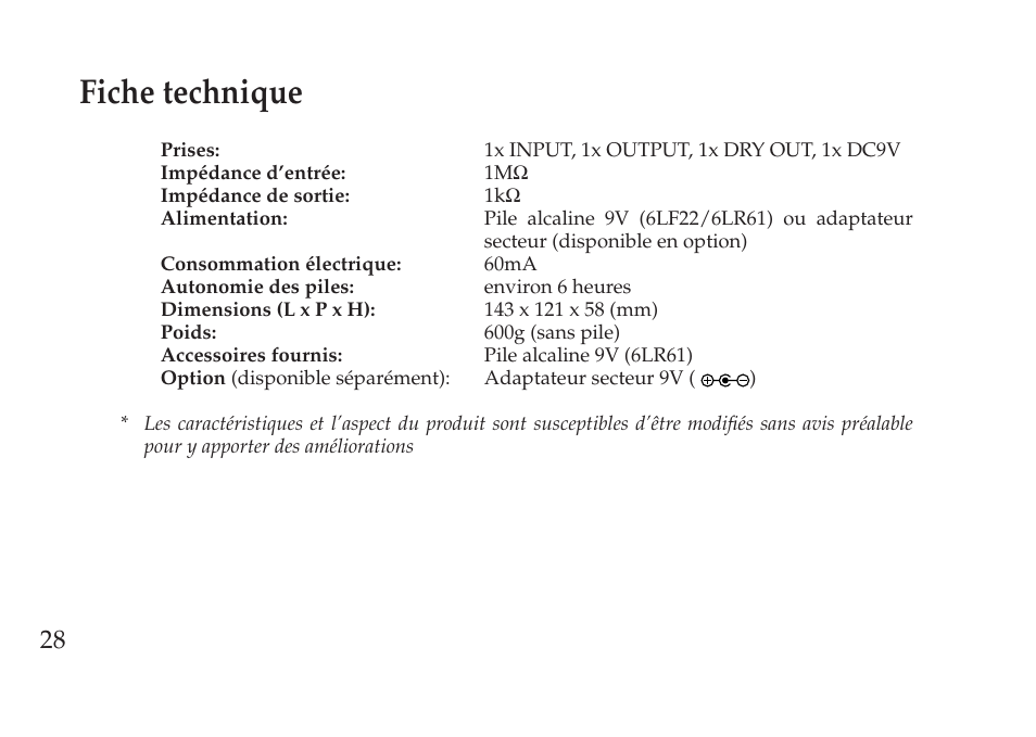 Fiche technique | Vox Pedal User Manual | Page 28 / 63
