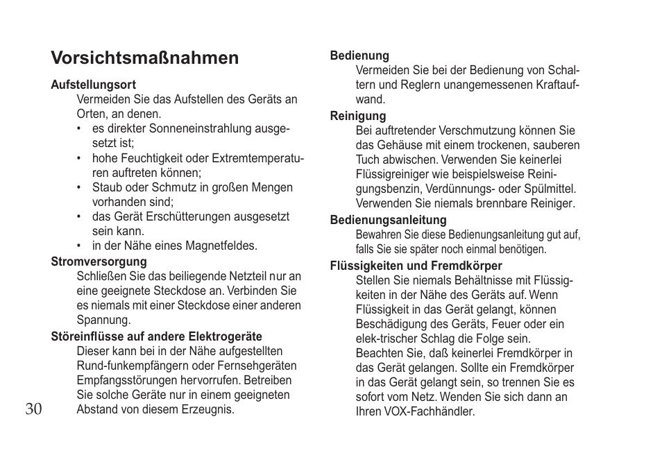 Deutsch, Vorsichtsmaßnahmen | Vox Pedal User Manual | Page 30 / 63