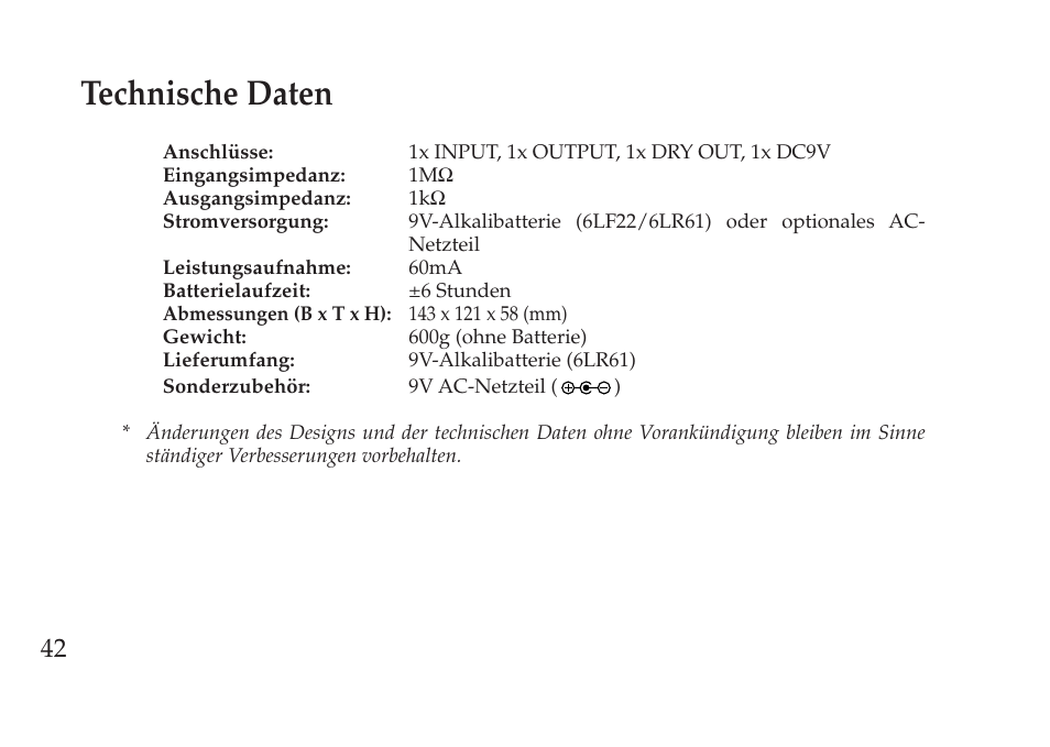 Technische daten | Vox Pedal User Manual | Page 42 / 63