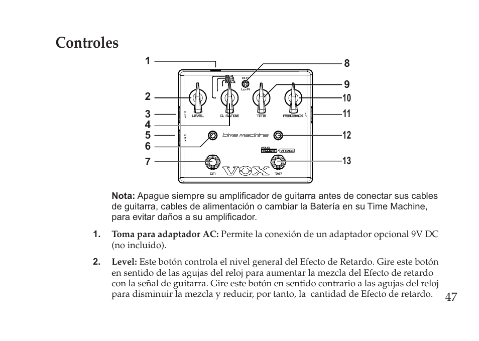 Controles | Vox Pedal User Manual | Page 47 / 63