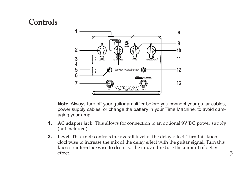 Controls | Vox Pedal User Manual | Page 5 / 63