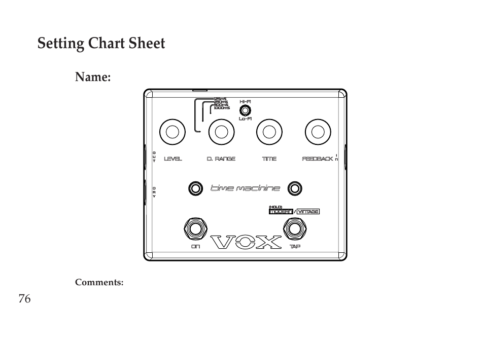 Setting chart sheet | Vox Pedal User Manual | Page 61 / 63