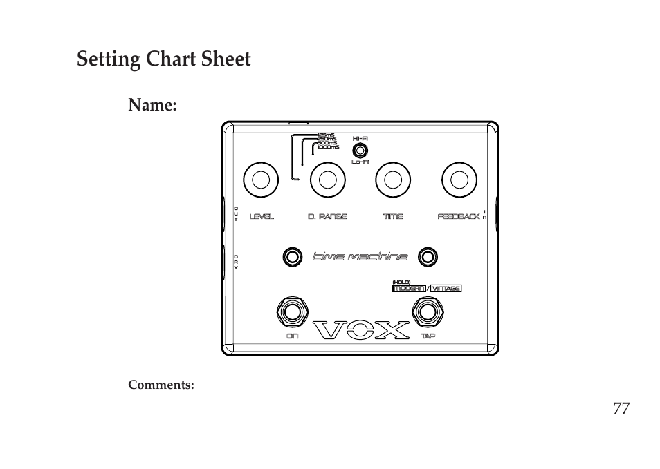 Setting chart sheet | Vox Pedal User Manual | Page 62 / 63