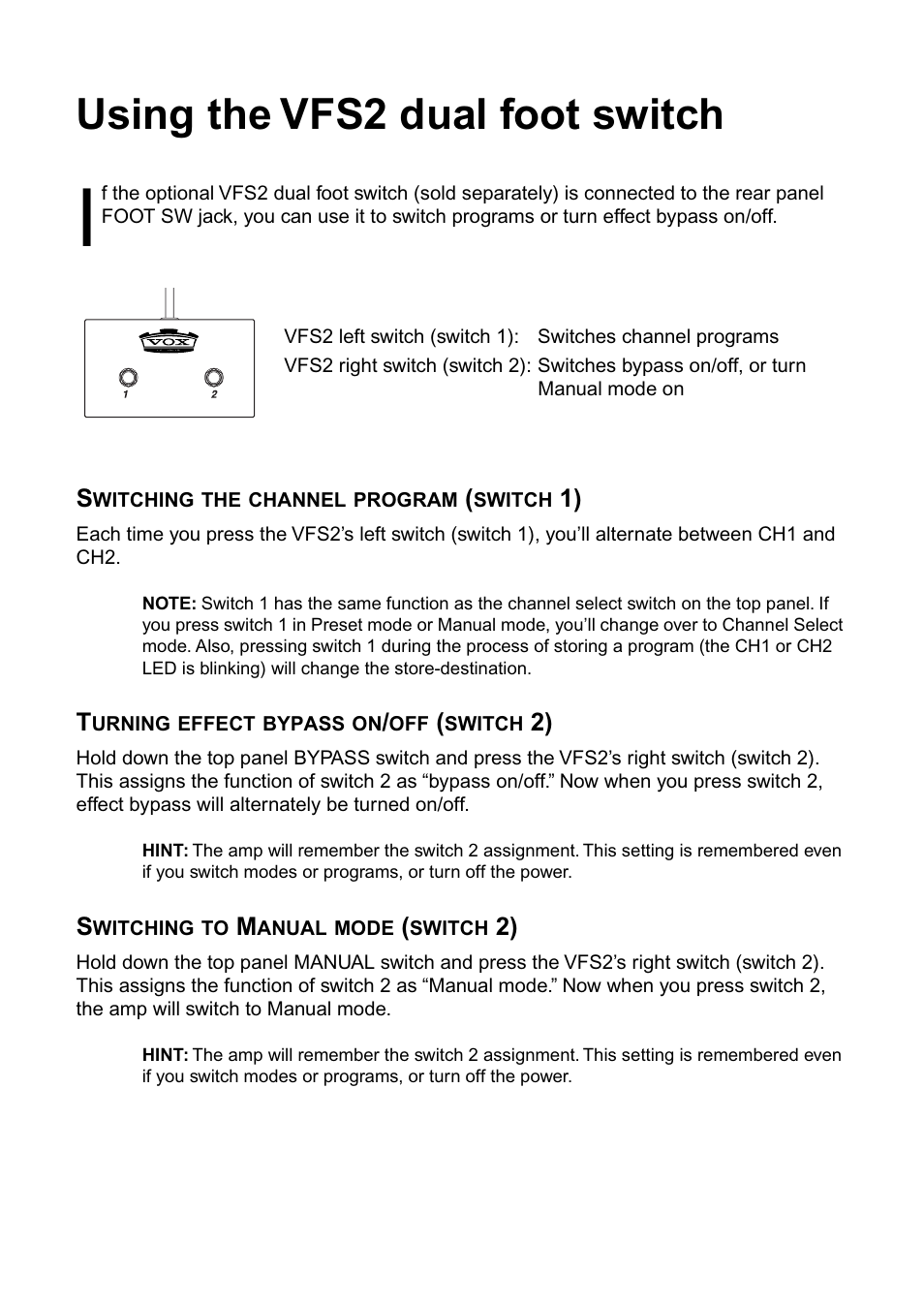 Using the vfs2 dual foot switch | Vox AD100VT-XL User Manual | Page 19 / 35