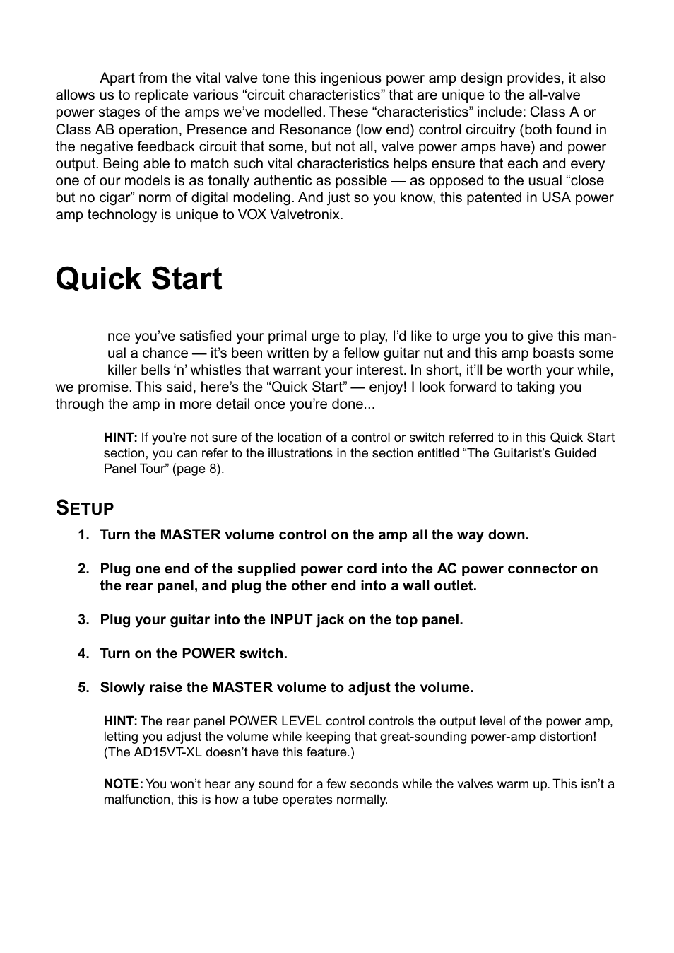 Quick start, Setup | Vox AD100VT-XL User Manual | Page 6 / 35