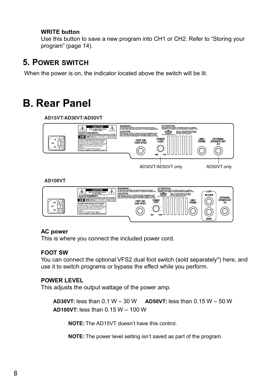 B. rear panel | Vox VALVETRONIX AD50VT User Manual | Page 12 / 36