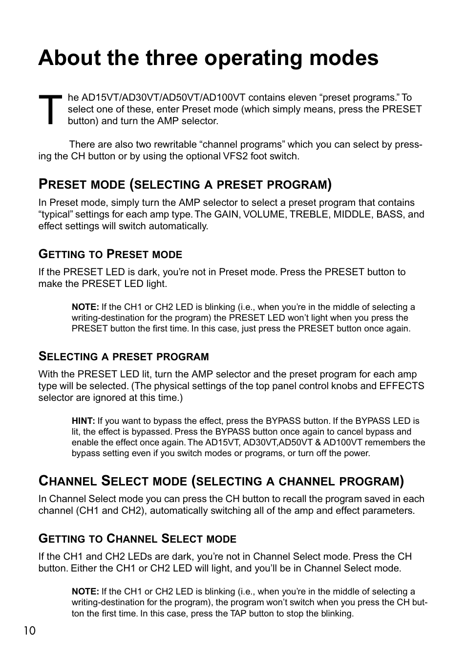 About the three operating modes, Preset mode (selecting a preset program), Channel select mode (selecting a channel program) | Vox VALVETRONIX AD50VT User Manual | Page 14 / 36