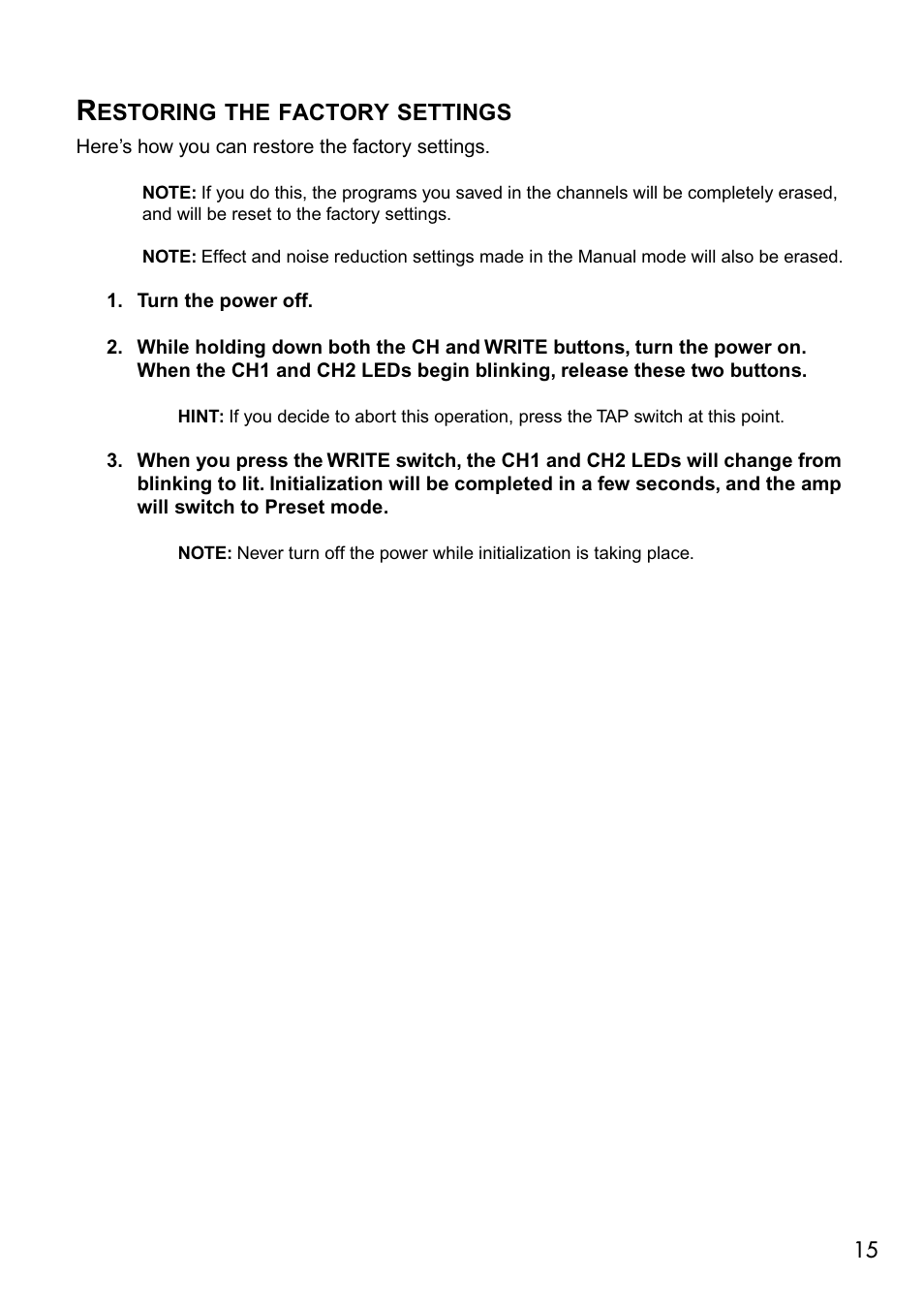 Restoring the factory settings | Vox VALVETRONIX AD50VT User Manual | Page 19 / 36