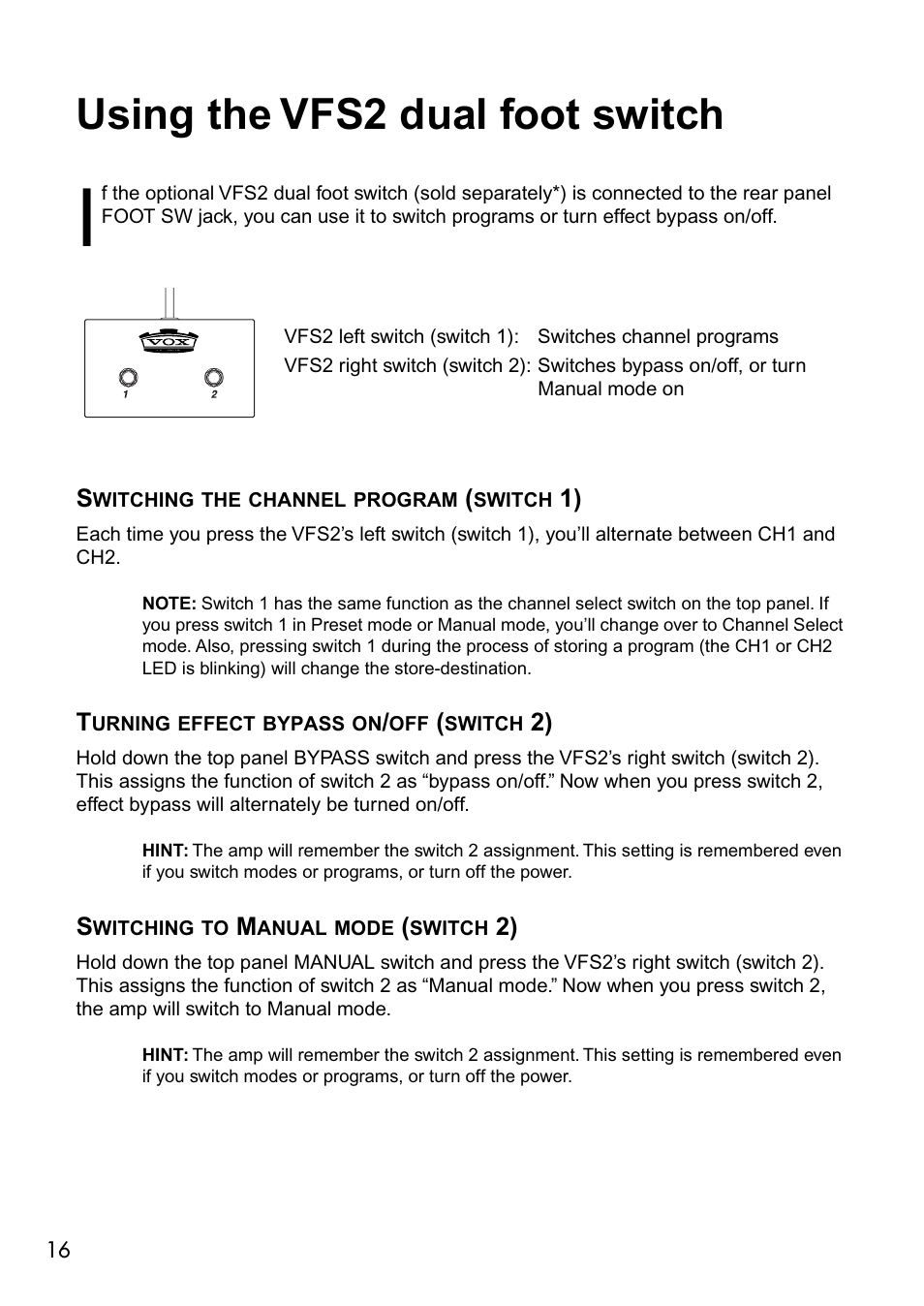 Using the vfs2 dual foot switch | Vox VALVETRONIX AD50VT User Manual | Page 20 / 36