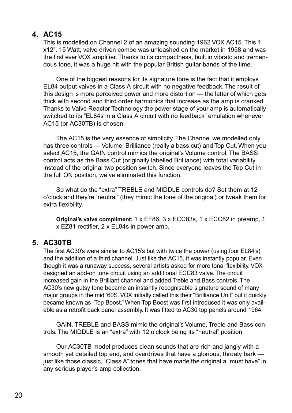 Ac15, Ac30tb | Vox VALVETRONIX AD50VT User Manual | Page 24 / 36