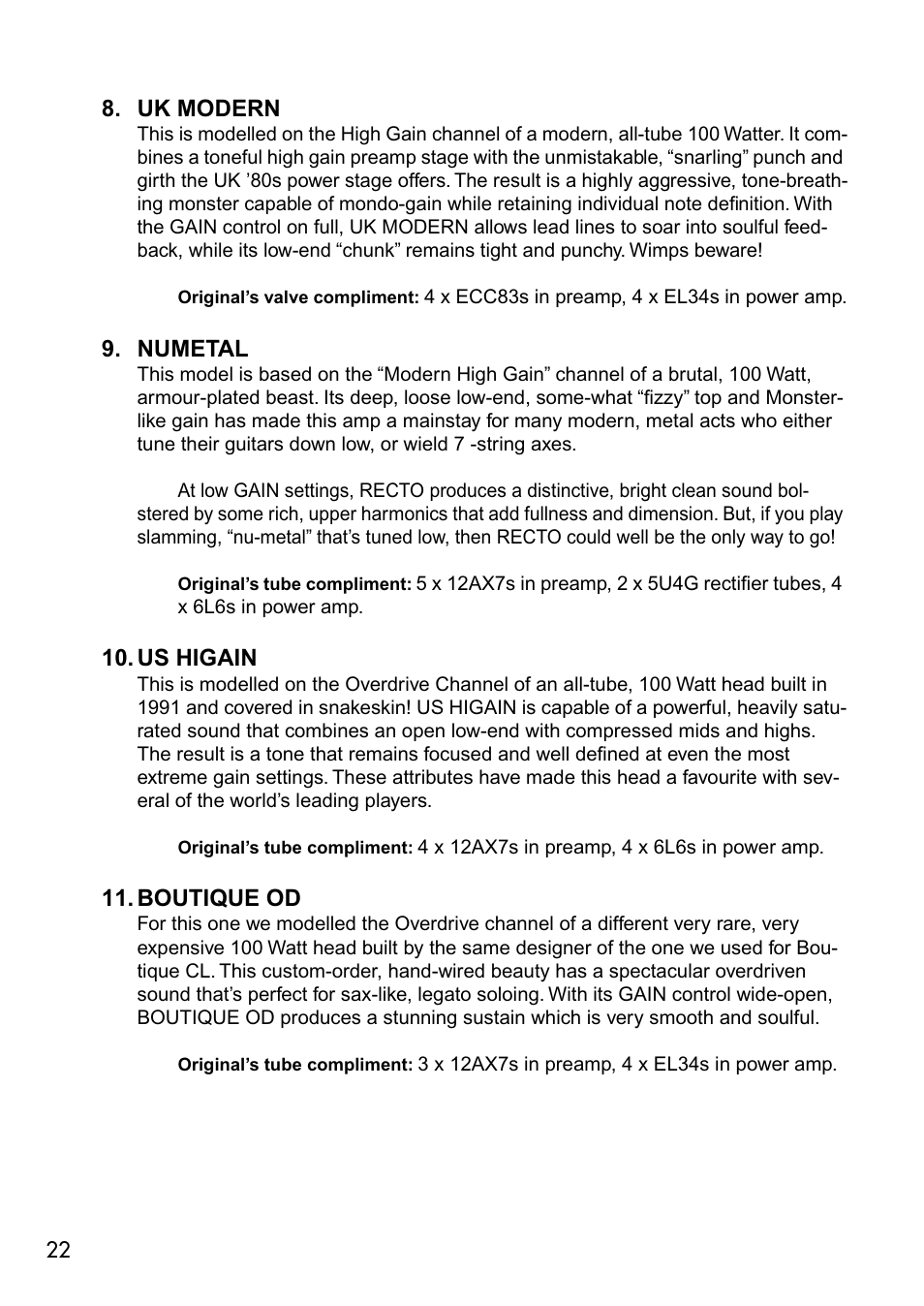 Uk modern, Numetal, Us higain | Boutique od | Vox VALVETRONIX AD50VT User Manual | Page 26 / 36