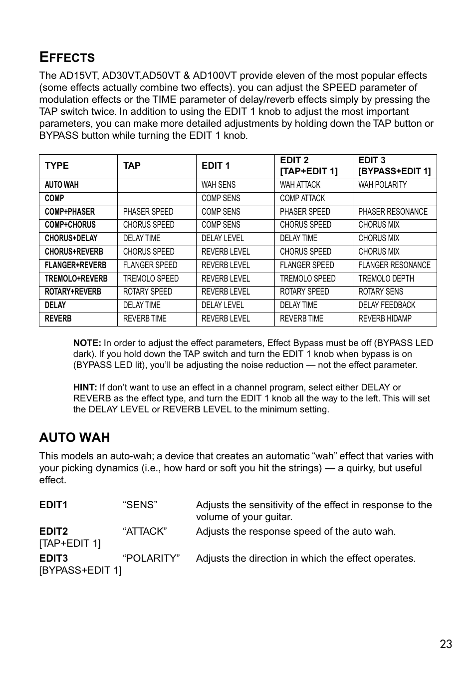 Effects, Auto wah, Ffects | Vox VALVETRONIX AD50VT User Manual | Page 27 / 36