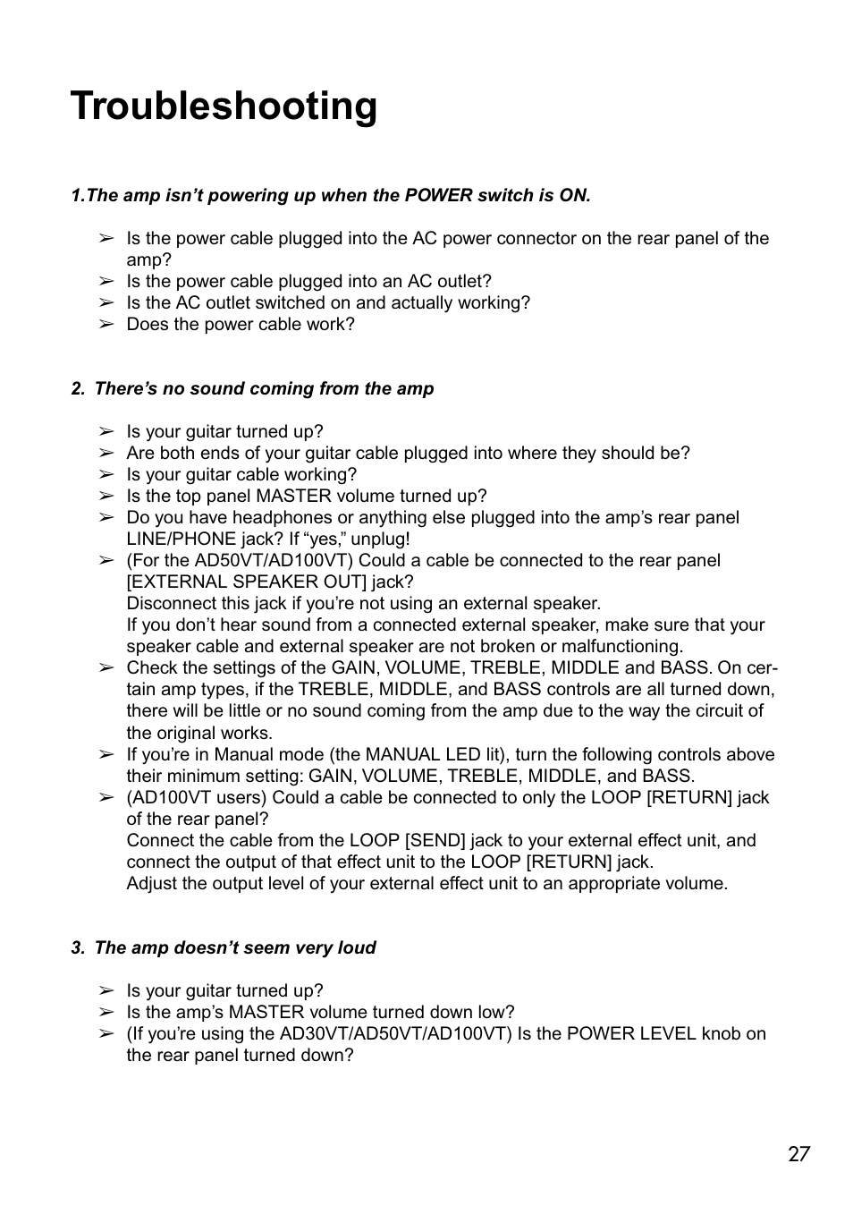Troubleshooting | Vox VALVETRONIX AD50VT User Manual | Page 31 / 36
