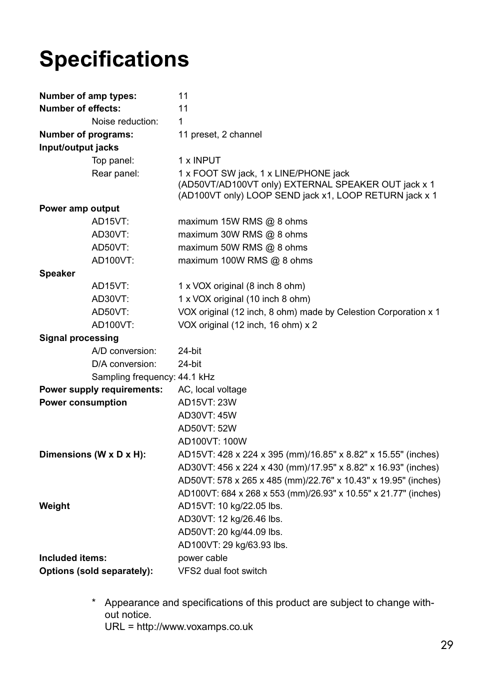 Specifications | Vox VALVETRONIX AD50VT User Manual | Page 33 / 36
