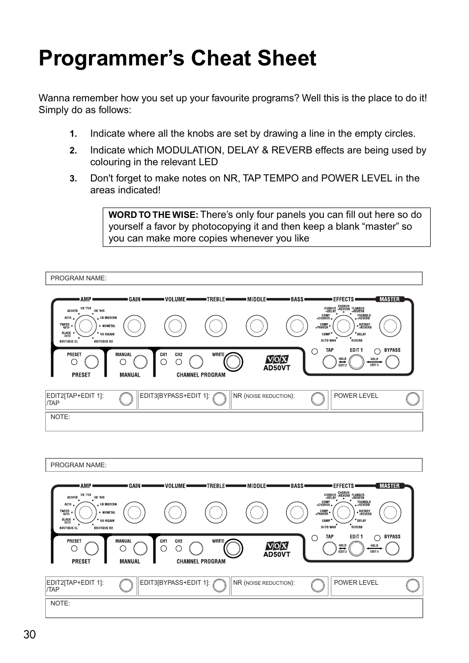 Programmer's cheat sheet, Programmer’s cheat sheet | Vox VALVETRONIX AD50VT User Manual | Page 34 / 36