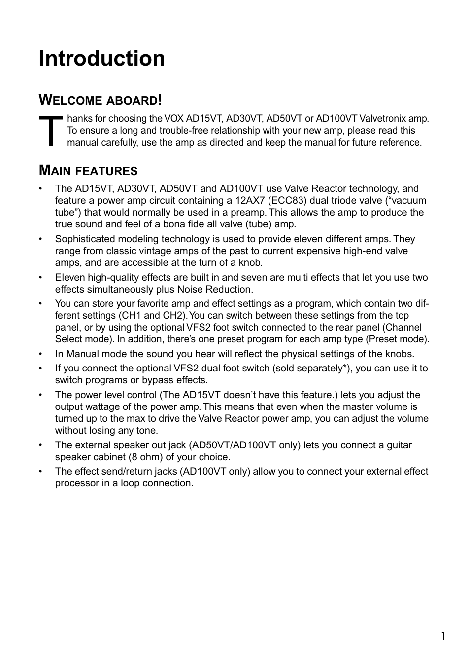 Introduction, Welcome aboard, Main features | Welcome aboard! main features | Vox VALVETRONIX AD50VT User Manual | Page 5 / 36
