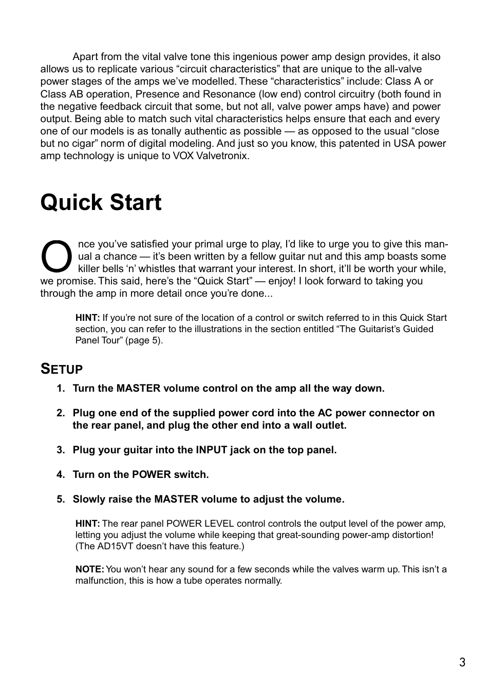 Quick start, Setup | Vox VALVETRONIX AD50VT User Manual | Page 7 / 36