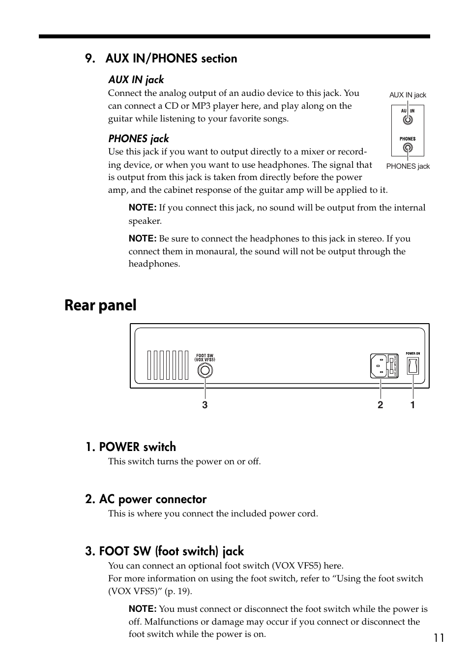 Rear panel, Power switch, Ac power connector | Foot sw (foot switch) jack | Vox VT80+ User Manual | Page 11 / 40