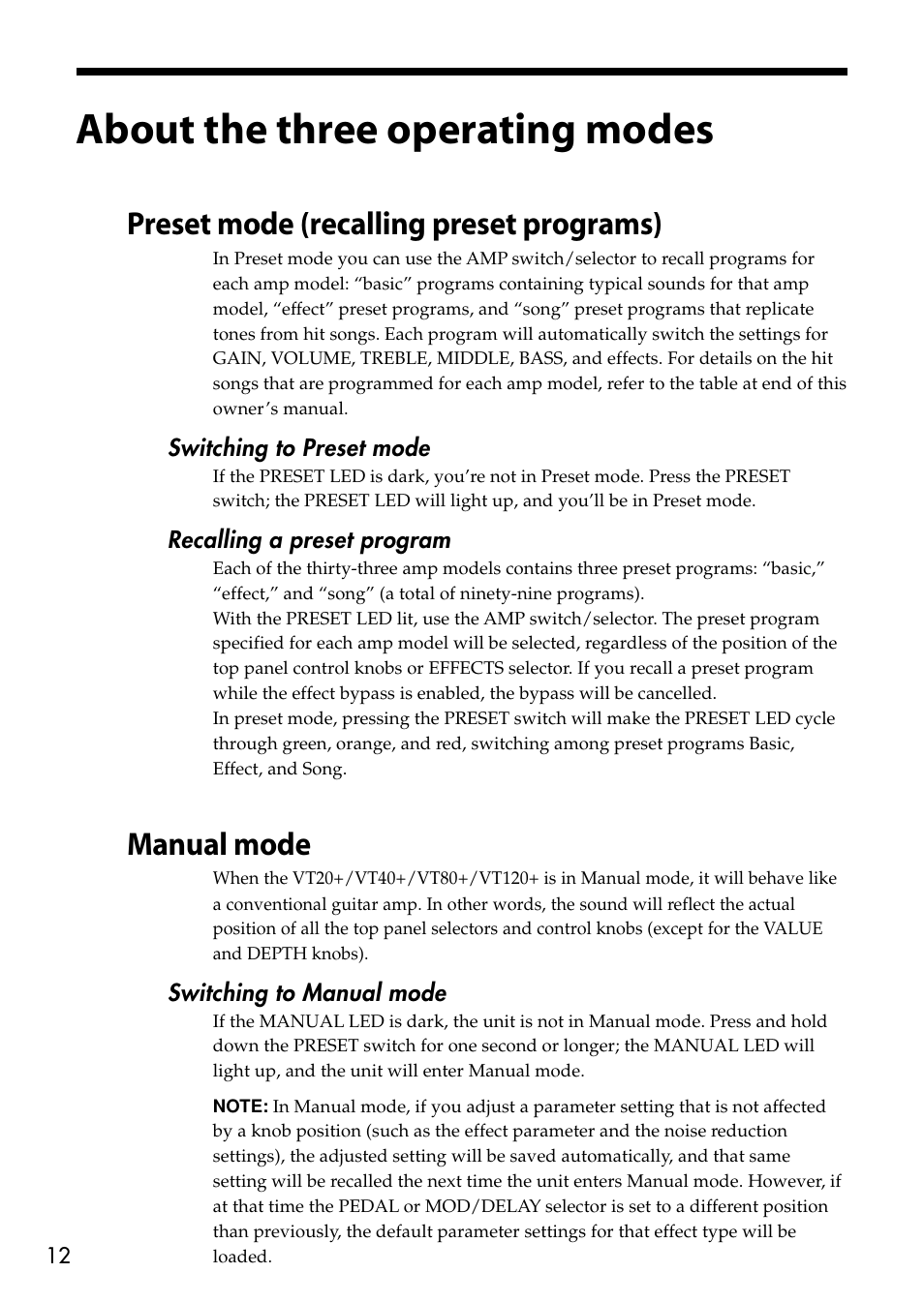 About the three operating modes, Preset mode (recalling preset programs), Manual mode | Vox VT80+ User Manual | Page 12 / 40