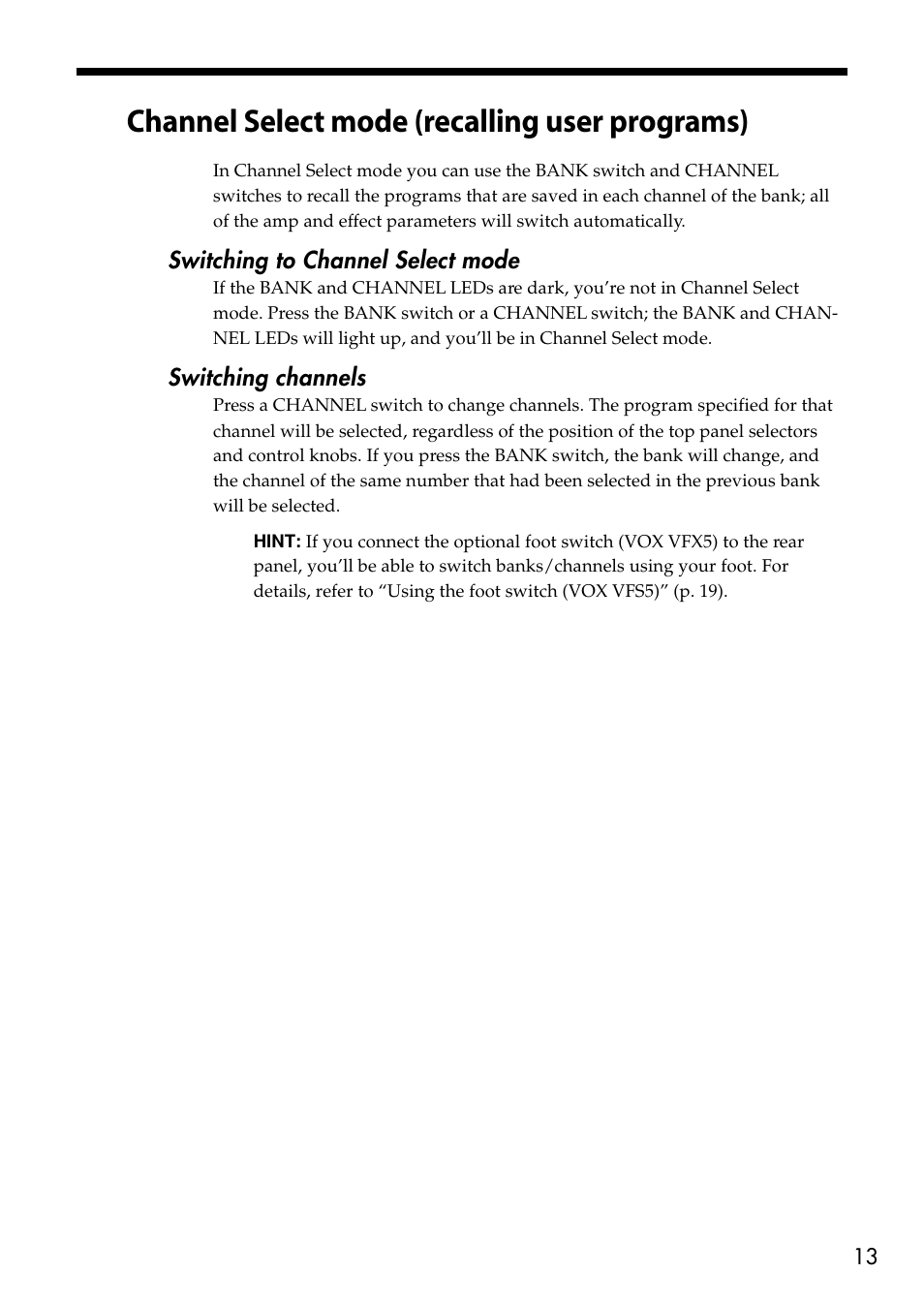 Channel select mode (recalling user programs) | Vox VT80+ User Manual | Page 13 / 40