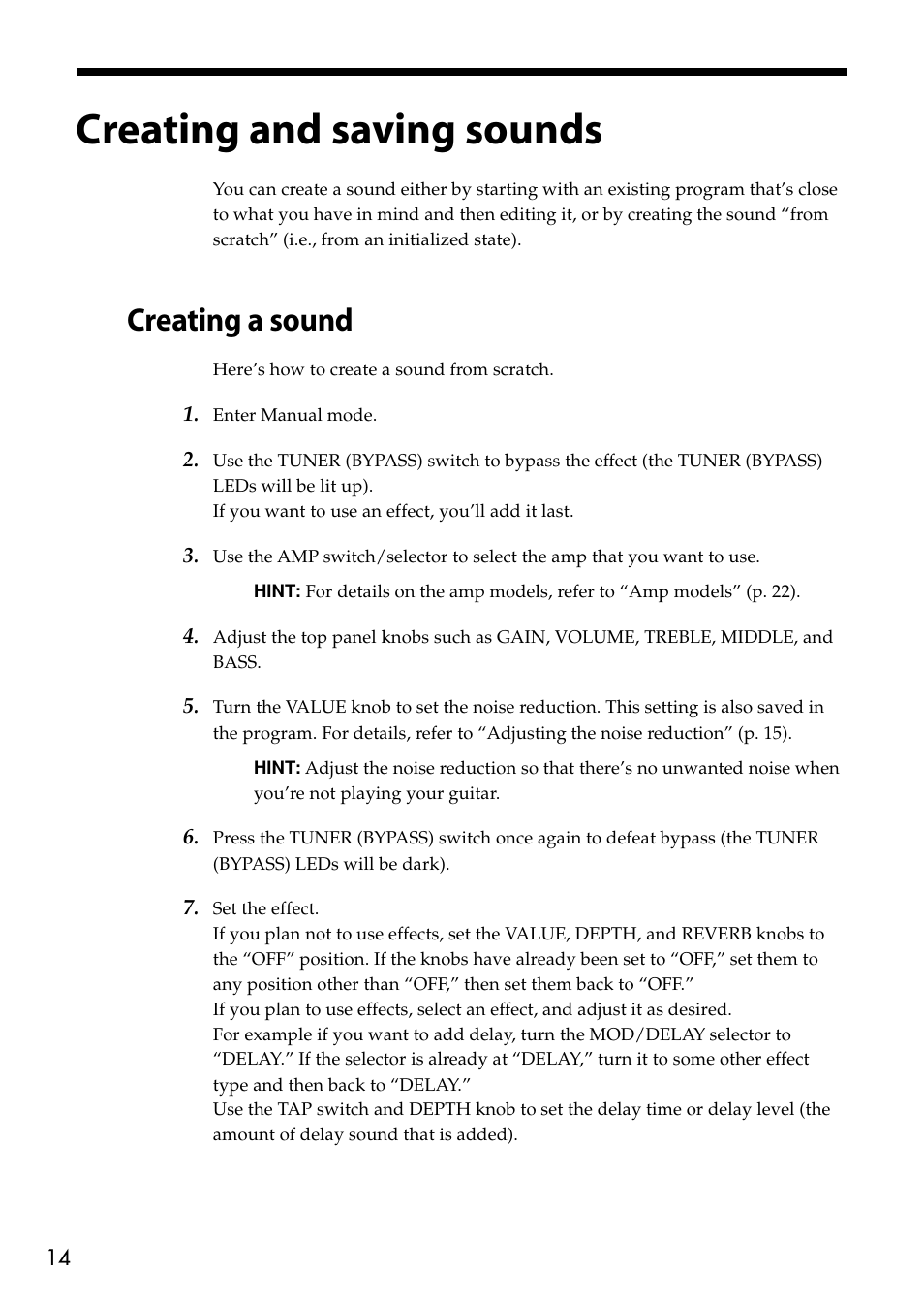 Creating and saving sounds, Creating a sound | Vox VT80+ User Manual | Page 14 / 40