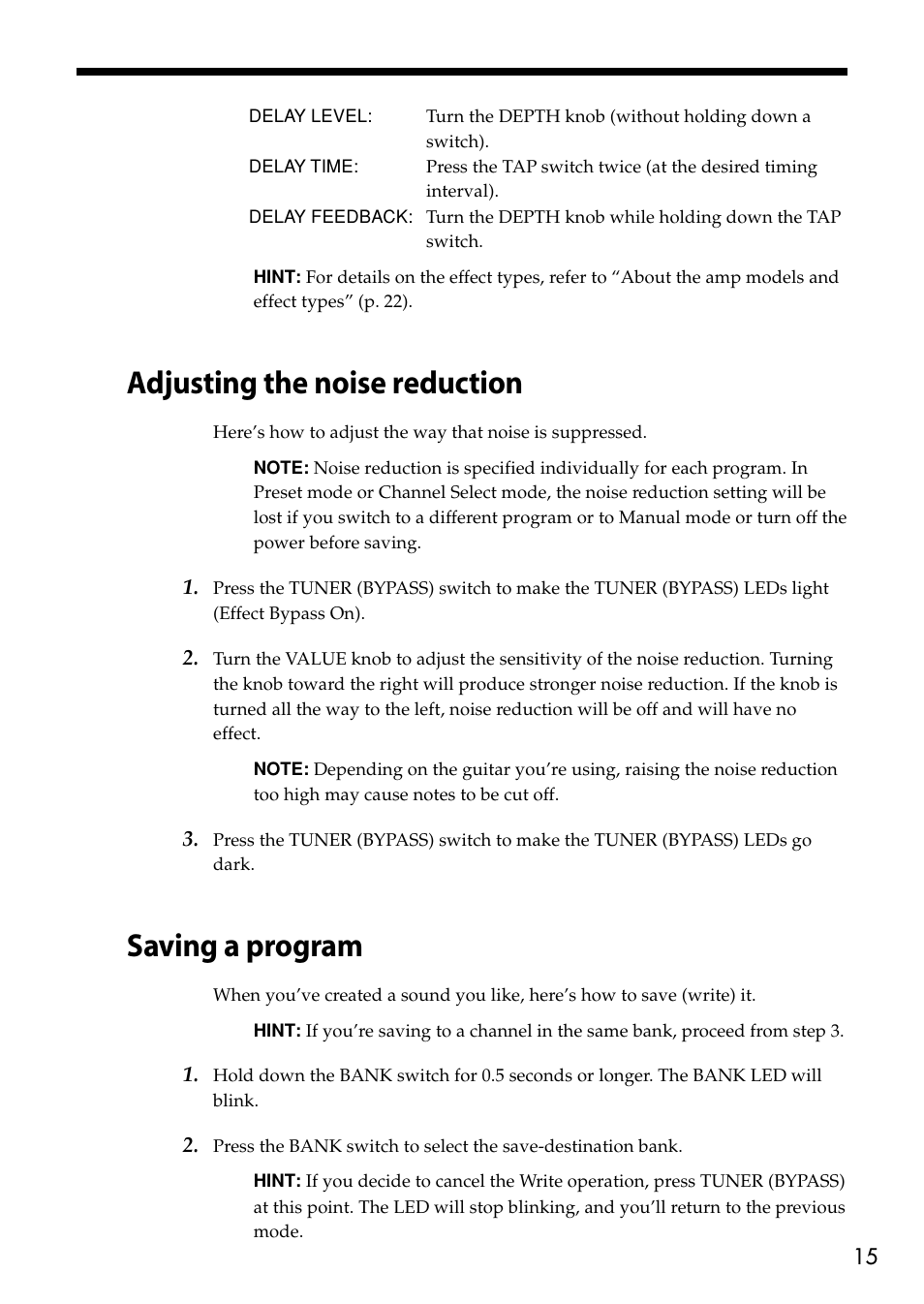 Adjusting the noise reduction, Saving a program, Adjusting the noise reduction saving a program | Vox VT80+ User Manual | Page 15 / 40